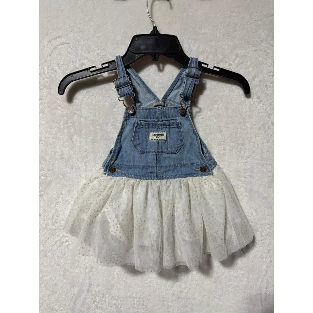 Oshkosh B'gosh Girls Vestbak Overalls Dress Gold/White Sparkly Size 12-18M